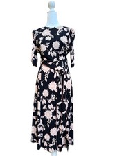 Eliza J Navy Blue Pink Floral Midi Dress Short Sleeve belted NWT Women's Size 4