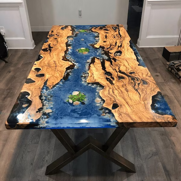 Handmade Olive Wood Epoxy Resin Table Top Custom River Table Home Decor-image