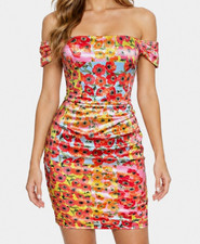 GUESS Camila Floral Satin Off Shoulder Bodycon Mini Dress Small Pink Multicolor