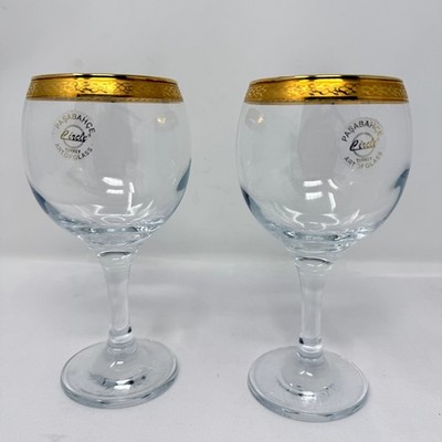 Pasabahce Circle Turkey Gold Rim Goblet Glasses Set of 2 Art of Glass 6.25 