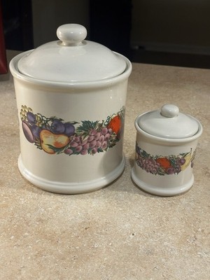Cornucopia 2pc Ceramic Fruit Pattern Canister Set w/ Lids, 10in White Cylinder