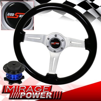 Blue Quick Release + Black Wood Grain Trim Aluminum Center 345mm Steering Wheel