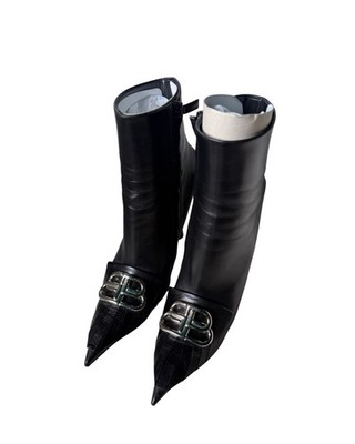 Balenciaga Black Leather BB Logo Buckle Pointed Toe Stiletto Ankle Bootie 39