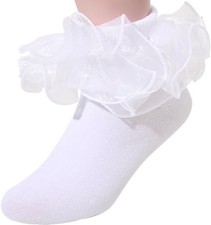 Women Big Ruffle Socks Double Lace Turn Cuff,Breathable Cotton 5-10 White