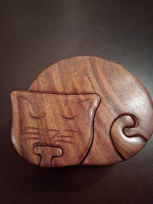 Wood Craft  Sleeping Cat Keepsake Puzzle Box - Indian Rosewood