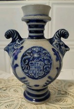 Vintage Blue German Westerwald Stoneware Vase Rams Head 16cm Tall Chip to Shield