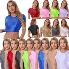 Women's Shiny Oil Glossy Crop Tops Short Sleeve T-Shirt Workout Yoga Fitness