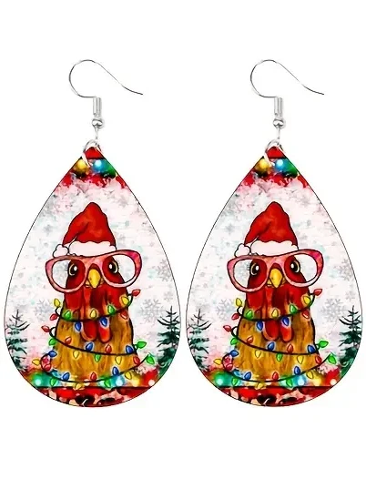 Christmas Chicken Double Sided PU Leather Teardrop Dangle Earrings - New - Image 1 of 1