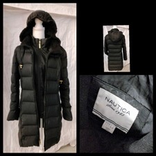 Nautica Black Down Hooded Stadium Jacket Women's Large Very Good Shape Inv#z3351