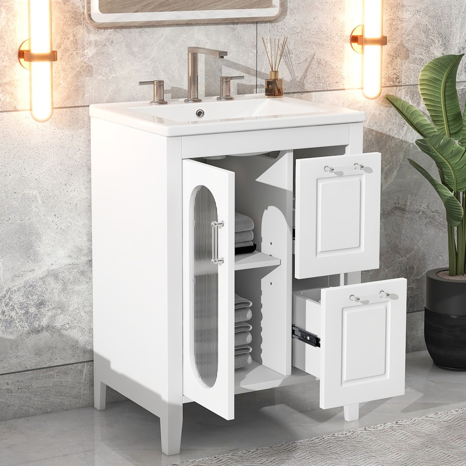 24" Bathroom Vanity with Sink Combo Basin Vanity Set w/Ceramic Sink Top ...