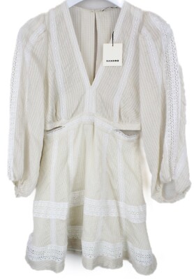 SANDRO Alaya Kleid Damen (EU) 36 Spitzenbesatz Cutout Seersucker Leinenmischung