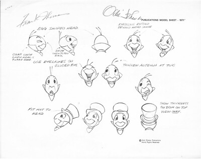 Disney 1971 Publications Model Sheet Jiminy Cricket II Pinocchio UF Signed FT/OJ