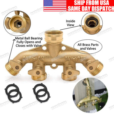 4 Way Brass Hose Splitter, 3/4'' Brass Hose Faucet Manifold, Garden Hose Adapter