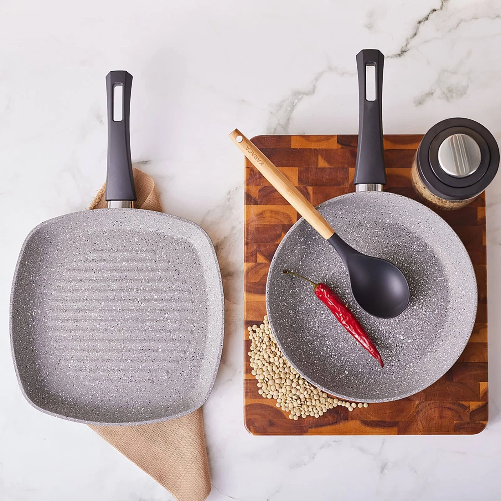 Biogranite Grill Pan and Pan Set, 2 Pieces, Frying Pan , Grill Pan, Cookware