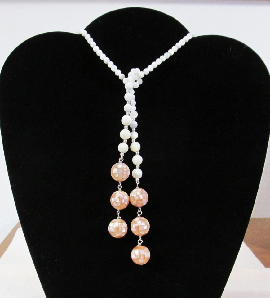 TARA MESA Rosa Madreperla Mosaico Cuentas y Blanco MOP Envoltura Abierta Collar Lariat Foto 2 de 4