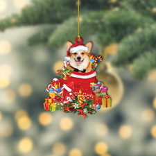 Corgi Dog Merry Christmas Ornament, Corgi Dog Santa Gift Bag Xmas Ornament