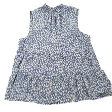 Pleione Mock Tiered Mock Neck Babydoll Top Womens XL Blue White Sheer Sleeveless