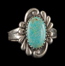 Vintage Native American Sterling Oval Green Filigree Bead Turquoise Ring 5.0gr
