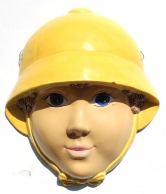  Vtg Clay GIRL W/ Yellow Rain Hat Face Nursery Wall Art Mask Ceramic Décor 