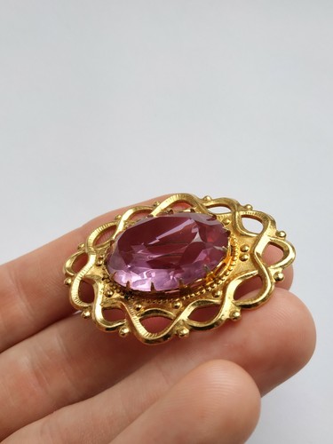 Vintage Soviet Brooch pink stone pin - Picture 7 of 12