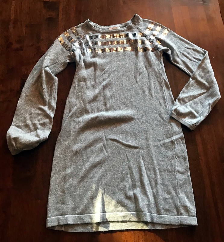 GUC The Children Place Holiday Shiny Silver Sequins Sweater Dress, Large: 10-12