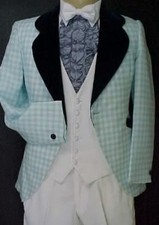 RETRO BLUE WHITE CHECK w/ VELVET 4pc AFTER 6 TUXEDO VINTAGE MENS WEDDING PROM
