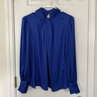 WHITE HOUSE BLACK MARKET 4 - Long Sleeve Twisted Neck Satin Blouse Sodalite Blue