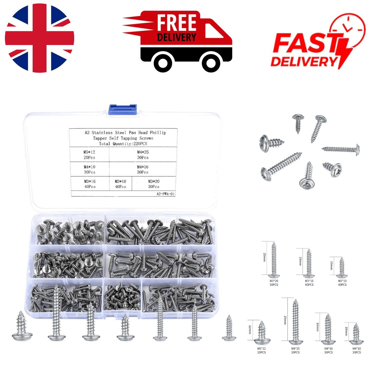 Durable 220-Piece Self-Tapping Screws Kit in 304 Stainless Steel with Organizer
