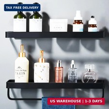 15.7in Black Bathroom Wall Shelf, 2 Tier Glass Shelf with Towel Bar