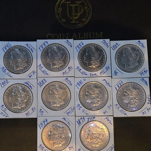 Lot of 10 Morgan Silver Dollars (1879-1921) – MS/BU Choice Lustrous – 90% Silver