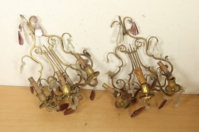 Paar antike Jugendstil Messing Kristall Kronleuchter Wandleuchter Leier Harfe Motiv