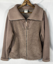 Varley Womens M Ardley Zip Through Mixed Media Knit Jacket Sherpa Sweater Tan