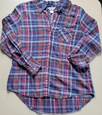 Christopher & Banks Plaid Blue Red Gold Flannel Button Down Shirt Size L