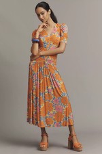 Farm Rio x Anthropologie Short-Sleeve V-Neck Ruched Midi Dress XL