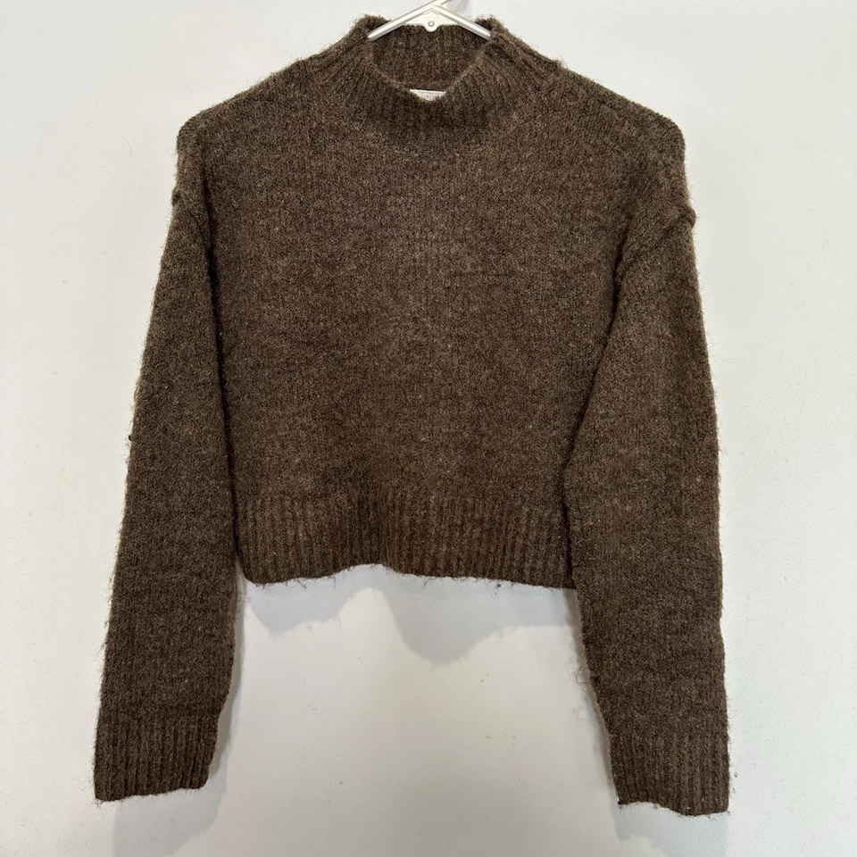 Suéter Recortado Inclinable Completo Pequeño Marrón Mezcla de Lana Manga Larga Cuello Simulado Boho Foto 4 de 4