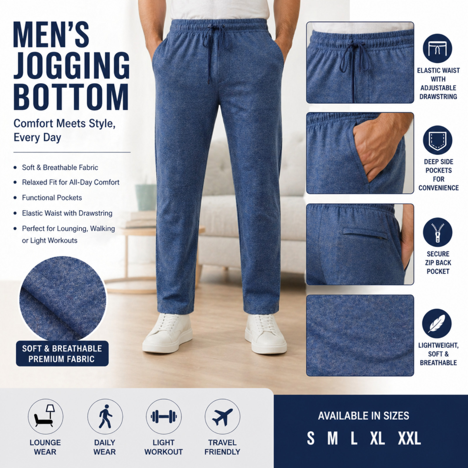 Pantaloni tuta uomo jogging orlo aperto fondo palestra felpa zip tasca salotto foto 2