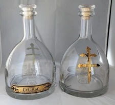 Lot (2) D'USSE Cognac 750ml  Embossed Glass Bottles w/ Cork Stoppers (empty)