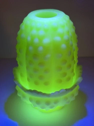 Vintage Fenton Hobnail Satin Custard Uranium Glass Fairy Lamp GLOWS