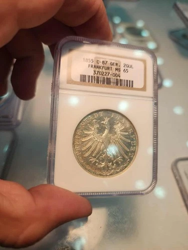 F15 Germany Frankfurt 1855 Silver 2 Gulden Religious Peace 300th Anniv NGC MS-65