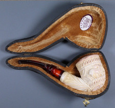 Antique Floral Two Elk  - Meerschaum Pipe with Original Leather Case dbkjH