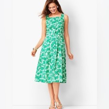 Talbots Green Painted Peas Poplin A-Line Pockets Midi Sundress Back Zip Size 4