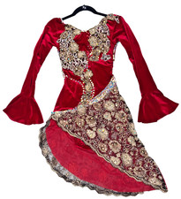 VTG Ice Figure Skating Dress Scarlet Red Rhinestones Gold Thread Exquisite