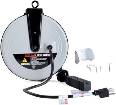 25FT Retractable Extension Cord Reel with 3 Outlets for Indoor/Outdoor Use