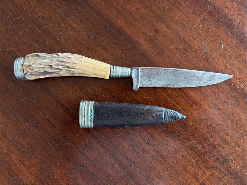 Imperial German Staghorn WWI Boot Knife, Emil Voos, Solingen With Leather Sheath