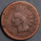 1867 1C INDIAN HEAD BRONZE CENT KM# 90a Grade:  VG+ A6962