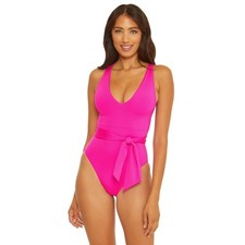 BECCA Kali Pink Solid Belted Plunge V-Neck Strappy One Piece Swimsuit Size L NWT