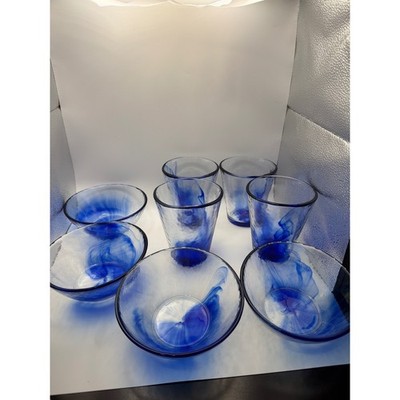Bormioli Rocco Murano Cobalt Blue Swirl Glassware Set 4 Cups 4 Bowls Italy