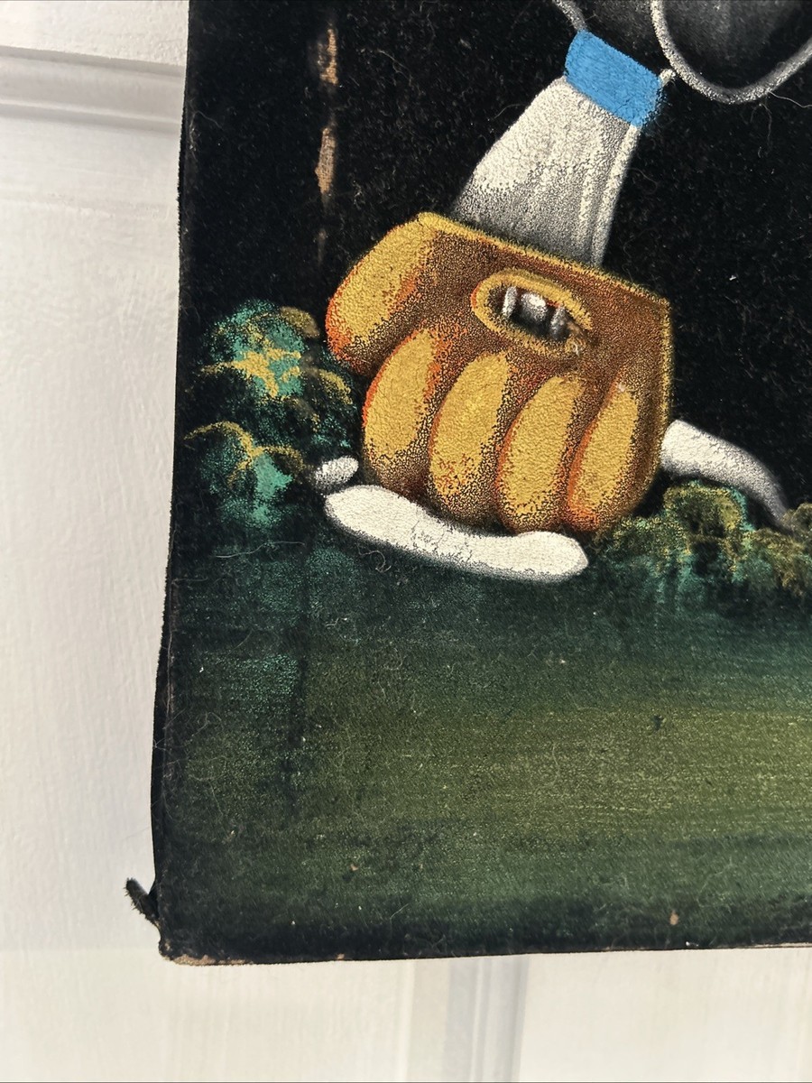 Vintage Sleeping Snoopy Baseball Signed Velvet Painting 60s 70s