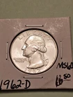 1962 D WASHINGTON QUARTER 90% SILVER KM#164 BRILLIANT UNCIRCULATED FREE SHIPPING