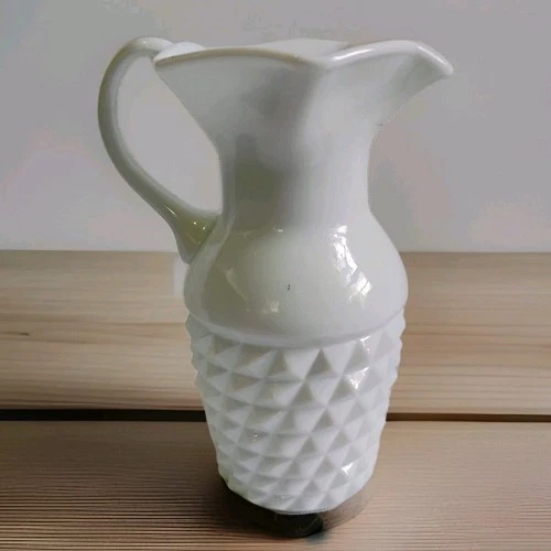 Vintage White Milk Glass Hobnail Diamond Ruffled Pitcher Vase 8" Fenton Style